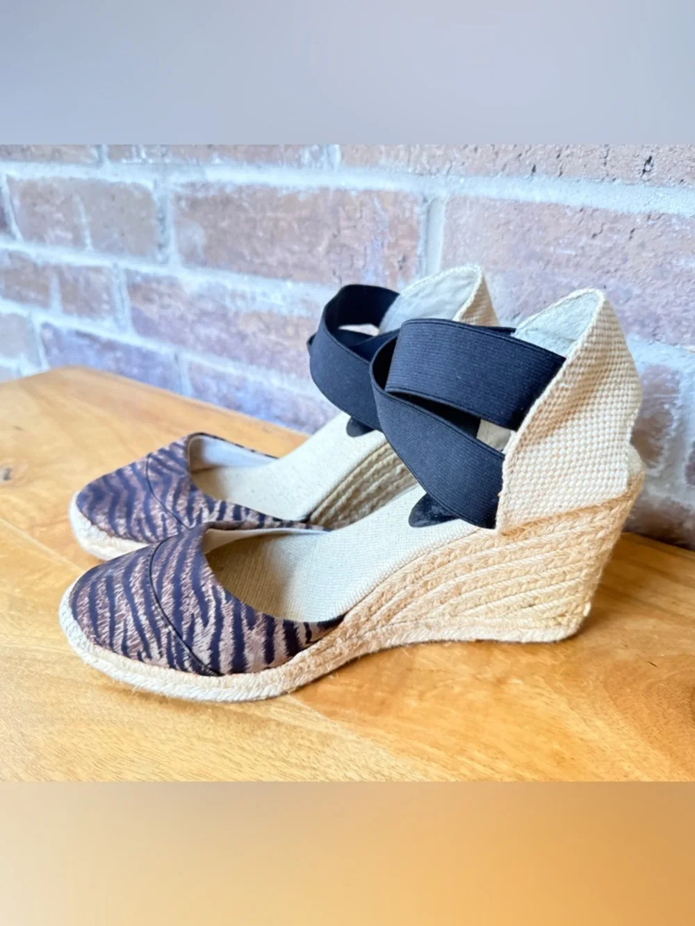 Adrienne Vittadini Brown Tiger-Print Espadrille Wedges with Black Ankle Straps